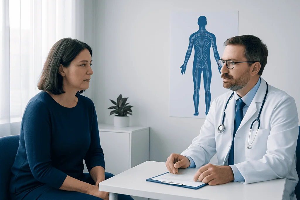 Doctor consulting with a female patient in a medical office with a human anatomy chart.