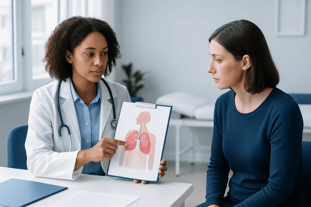Doctor explaining pertussis symptoms to patient with diagram.