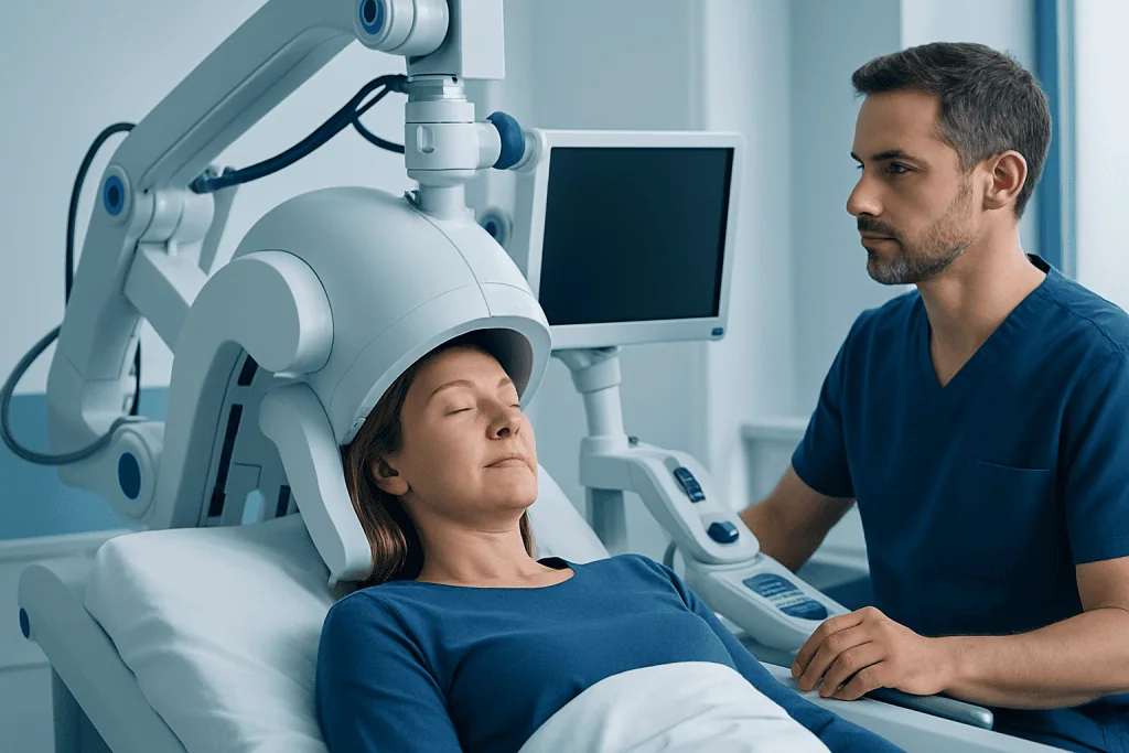 Patient undergoing a neurological examination with advanced medical equipment at Acibadem Hospital.