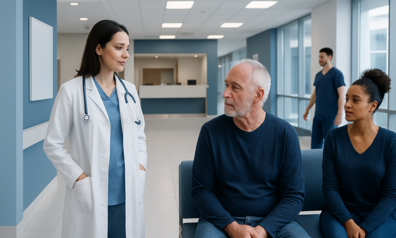 Doctor consulting with elderly patient in hospital corridor.