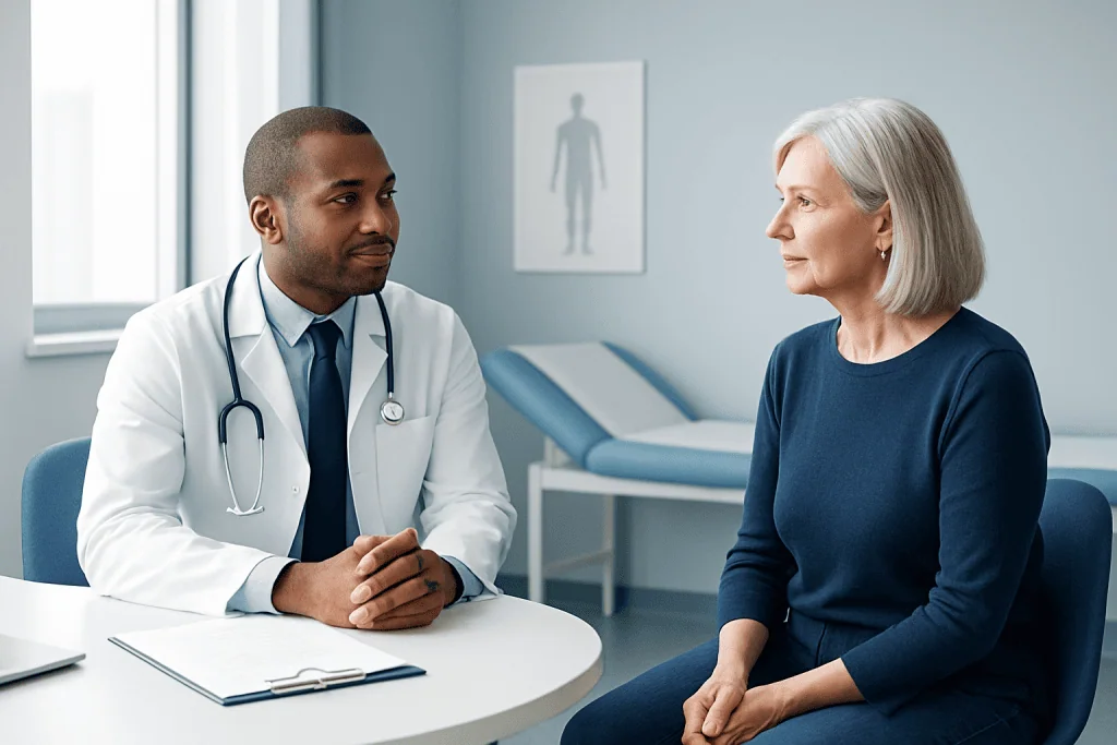Doctor consulting with an elderly female patient in a medical office.