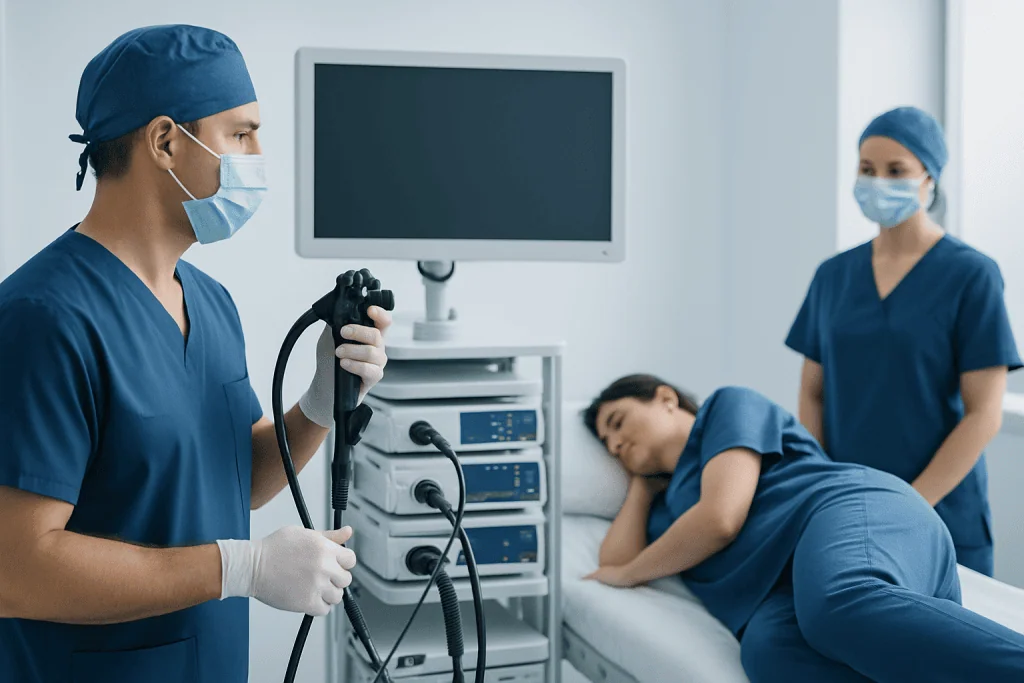 Medical professionals preparing for a procedure in a hospital room.