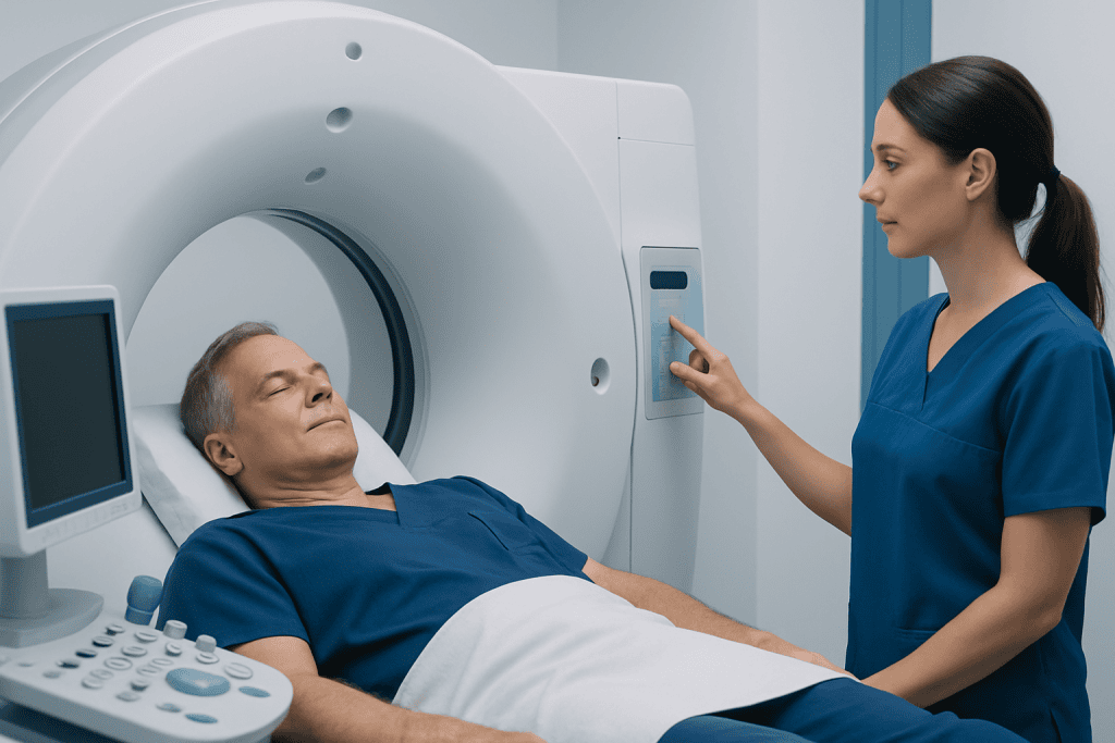 Patient undergoing MRI scan at Acibadem Hospital with medical staff assistance.