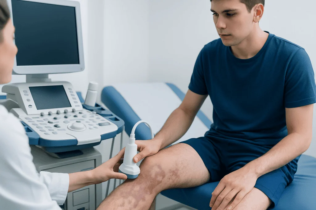 Medical professional performing ultrasound on patient's leg in clinic.
