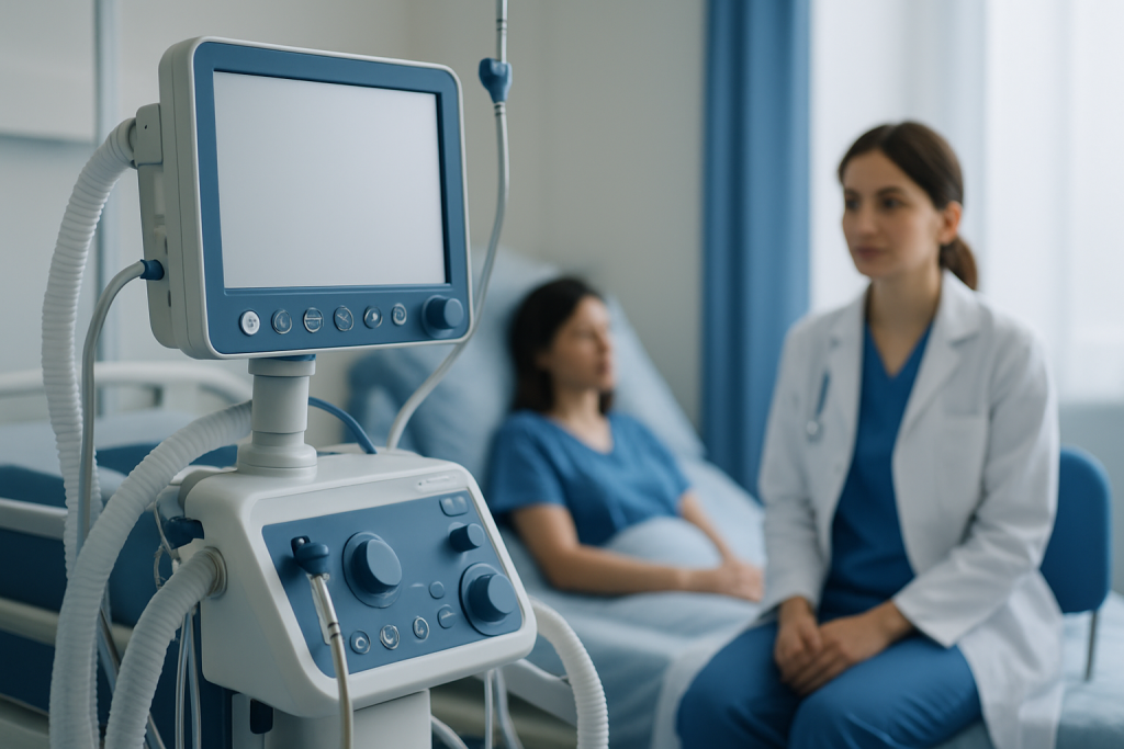 Medical monitor in hospital room with patient and doctor.