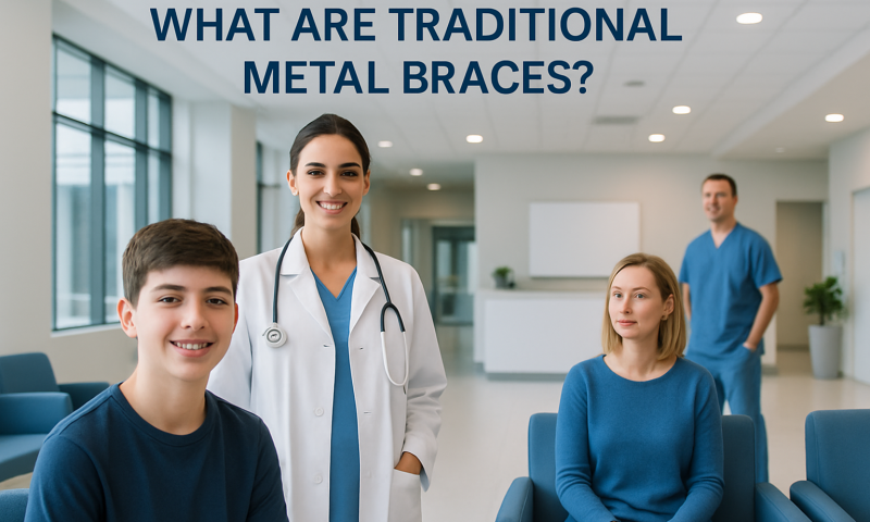 Dental professionals and patients discussing traditional metal braces in a modern clinic.