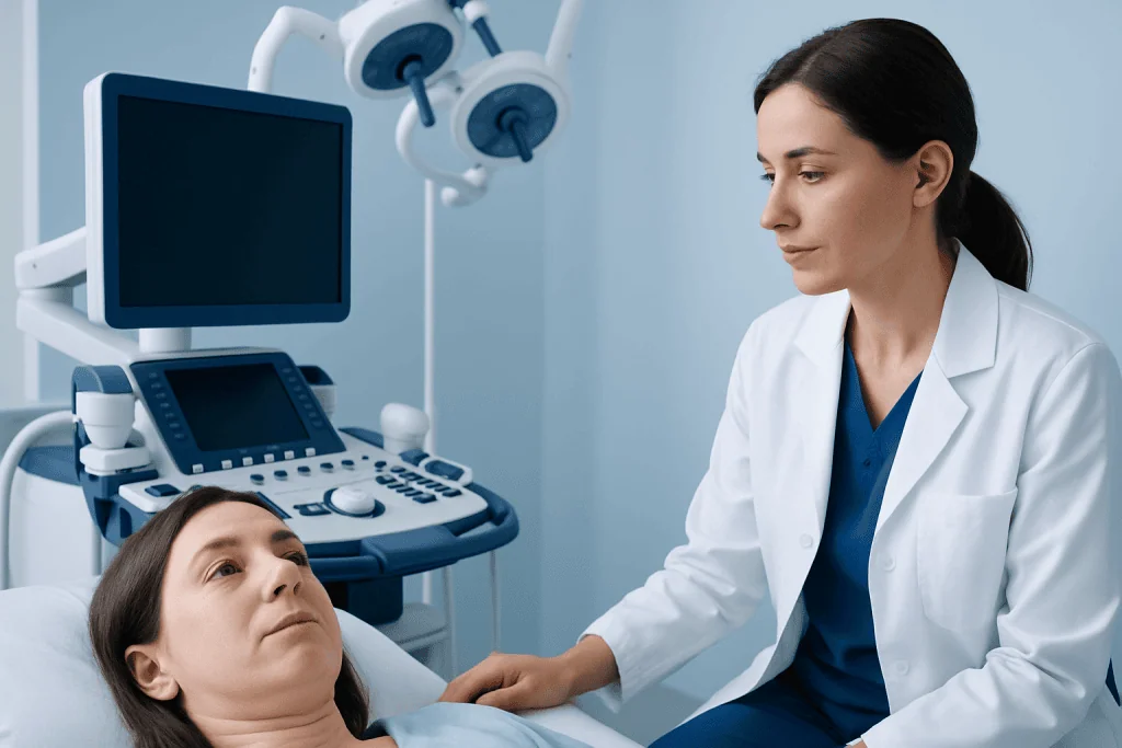 Doctor examining a patient with ultrasound in a medical clinic.