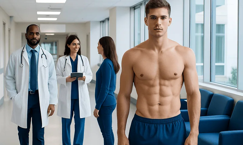 Young man with defined abs at medical consultation in hospital corridor.