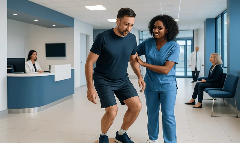Patient practicing wobble board exercise with nurse in hospital lobby.