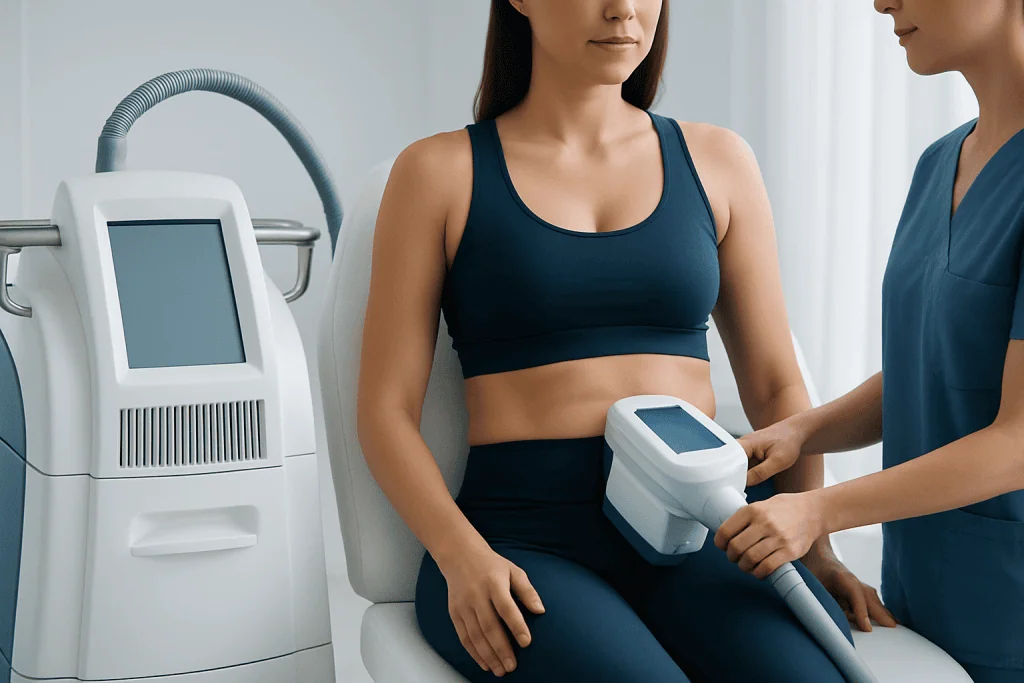 Woman receiving CoolSculpting treatment for body contouring at clinic.