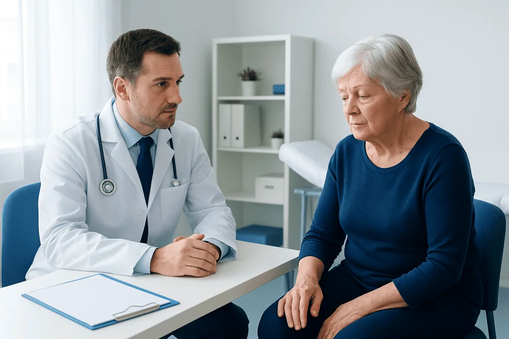 Doctor consulting with elderly woman about joint health in a medical office.
