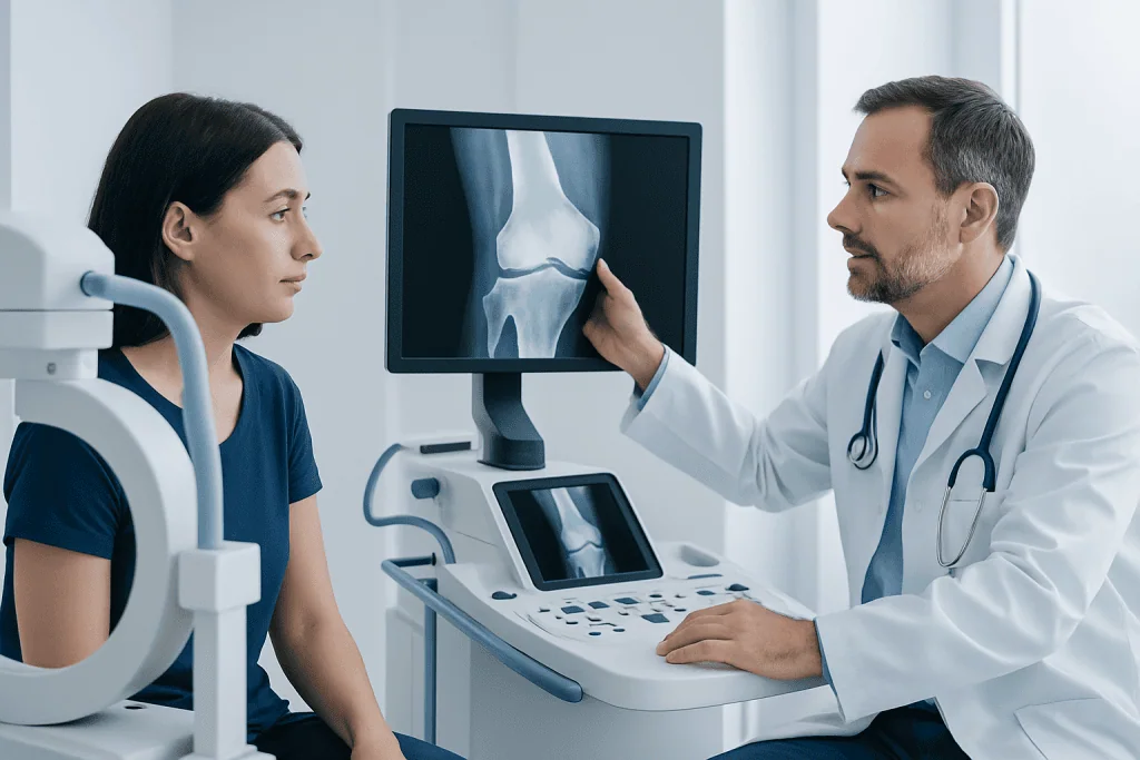 Doctor explaining knee X-ray to patient in a medical consultation room.