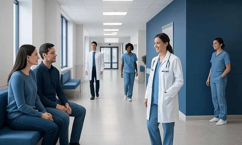Medical team consulting patients in a hospital corridor.