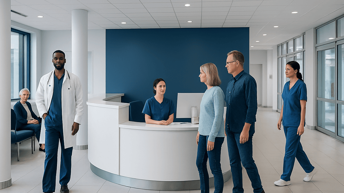 Modern hospital reception area with staff and visitors.