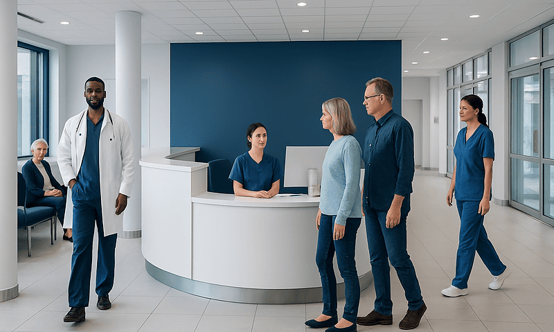 Modern hospital reception area with staff and visitors.