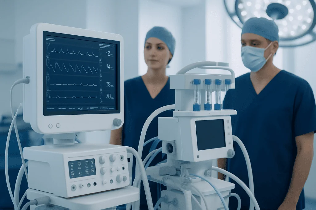 Medical team monitoring patient vital signs in a hospital operating room.