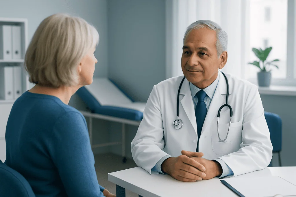 Doctor consulting with an elderly female patient in a medical office.