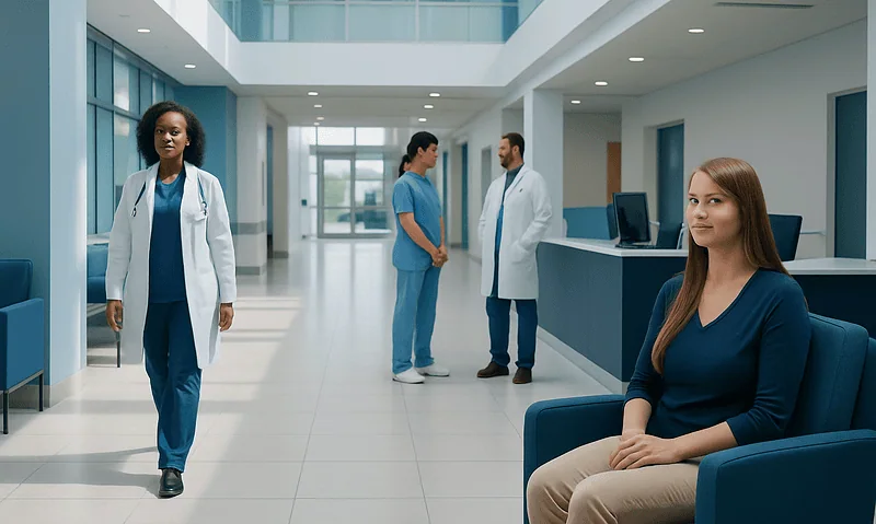Healthcare professionals and patient in modern hospital corridor.