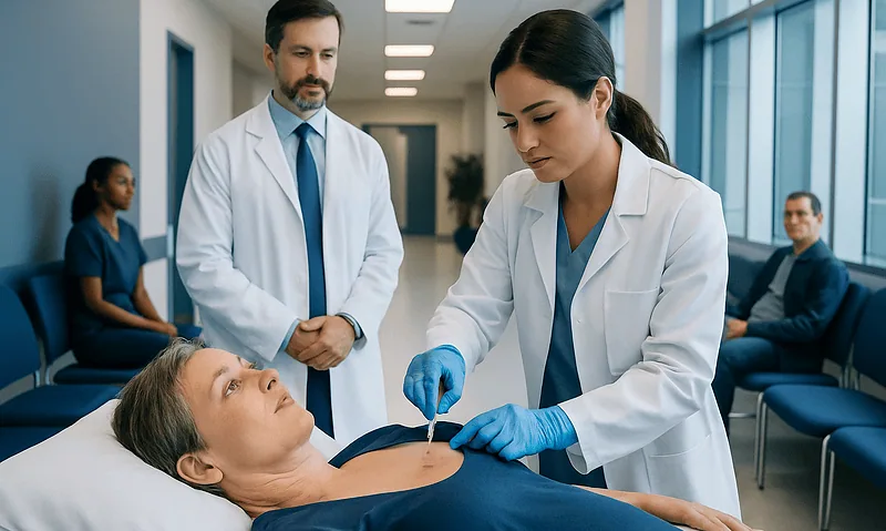 Biopsies: A Complete Medical Overview 5 Doctor performing a biopsy on a patient in a hospital corridor.