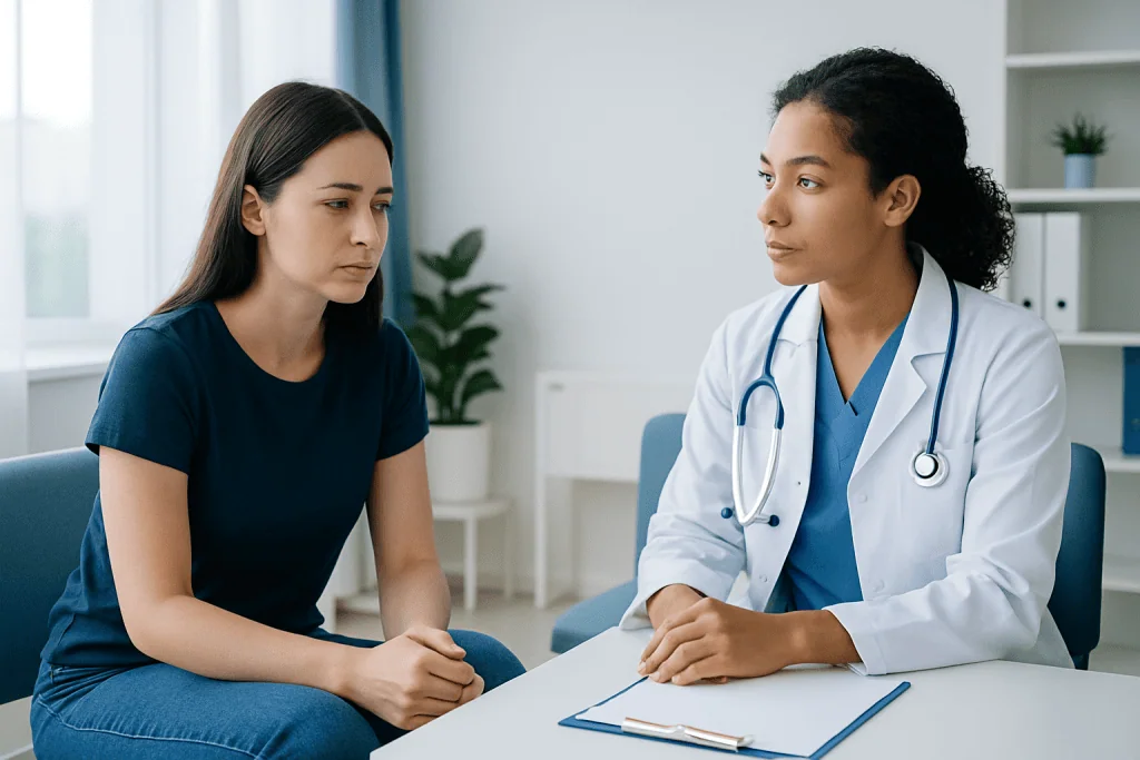 Doctor consulting with a patient about health concerns in a medical office.