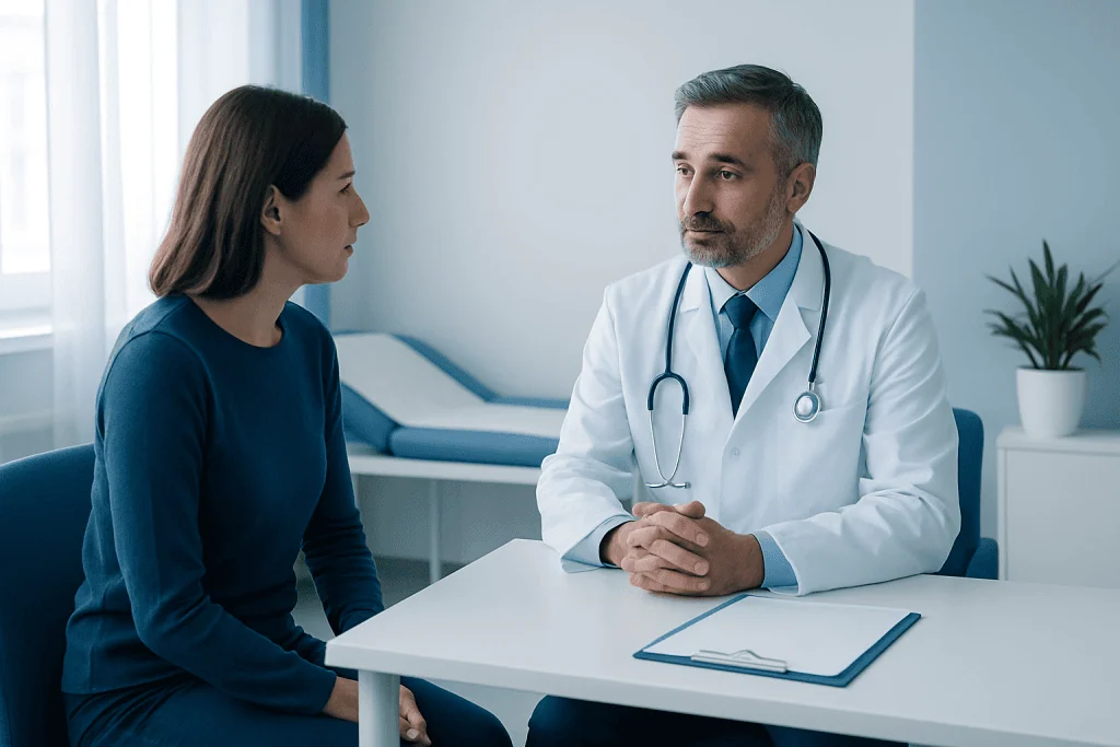 Doctor consulting with a female patient in a medical office.