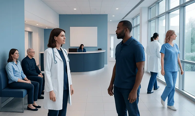 Doctor talking to patient in hospital corridor with staff and patients nearby.