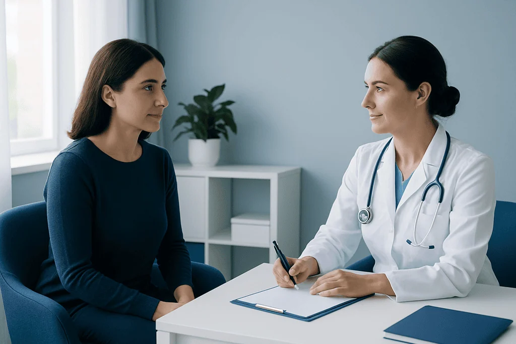 Doctor consulting with a patient in a medical office setting.