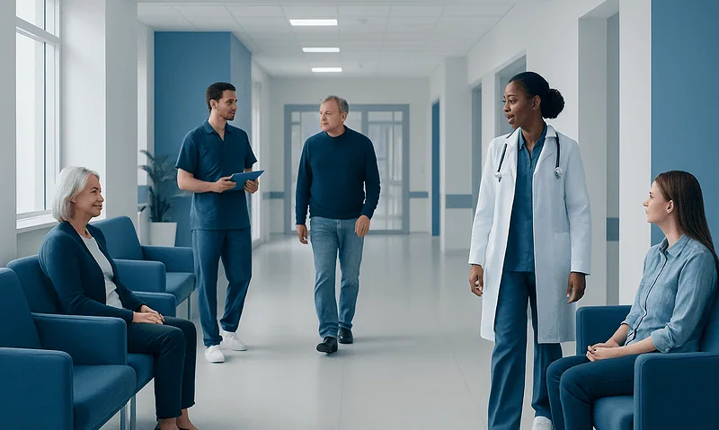 Medical team consulting with patients in hospital corridor.