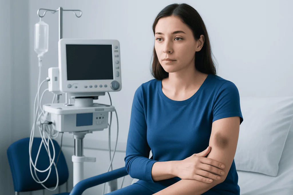Young woman in hospital with medical monitor and IV stand.