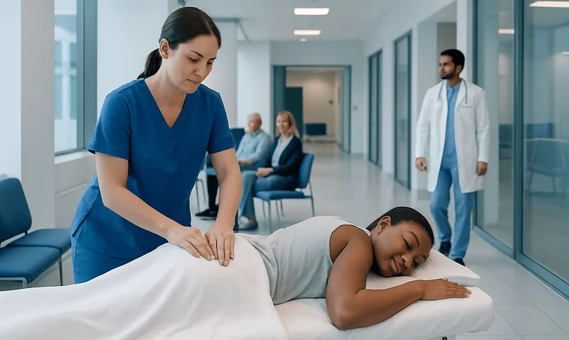 Medical professional performing a massage on a patient in a hospital corridor.