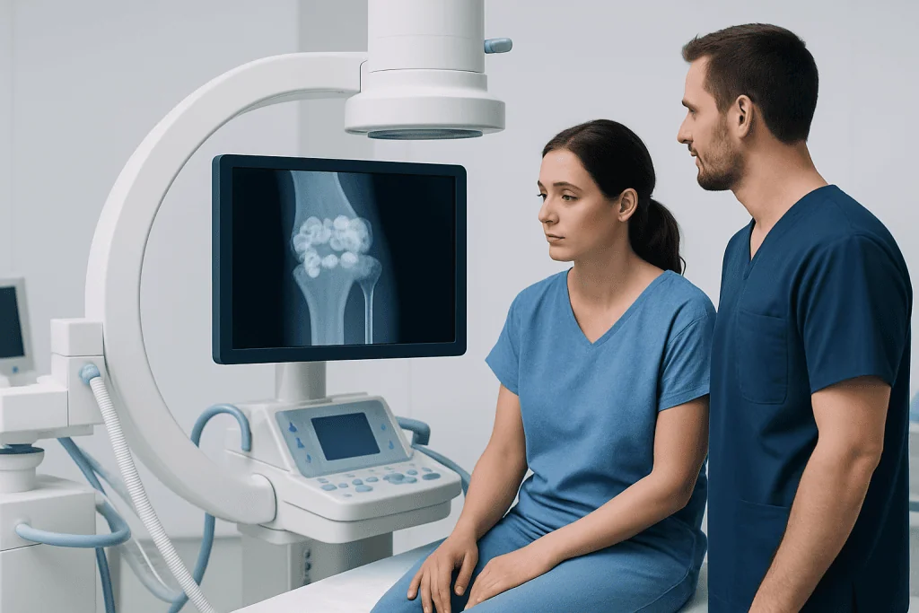 Medical professionals reviewing an X-ray of a hand in a clinical setting.