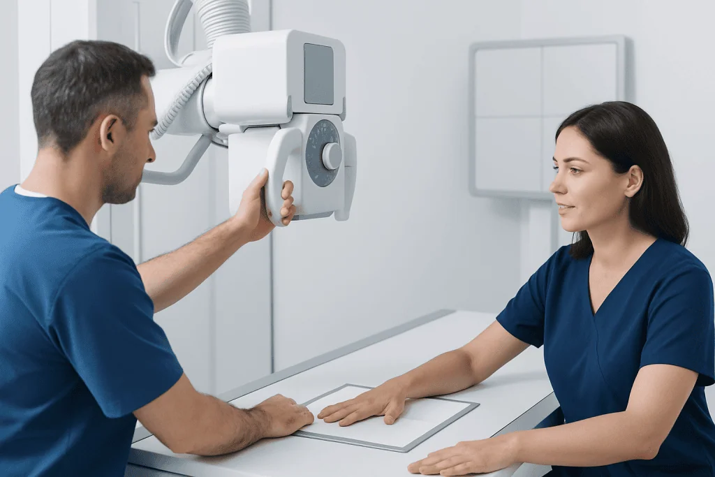 Medical professional taking a hand X-ray in a hospital setting.