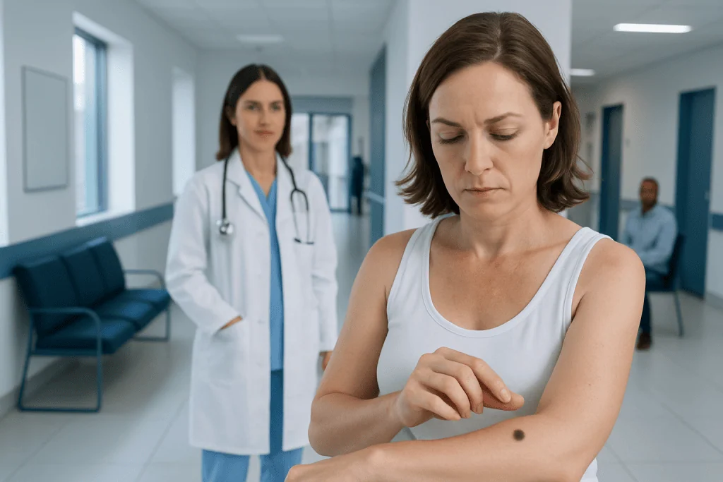 When a Sudden Black Spot on Skin Needs Assessment 1 Woman examining a skin spot in a hospital corridor with medical staff nearby.