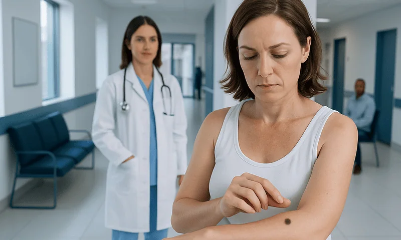 Woman examining a skin spot in a hospital corridor with medical staff nearby.