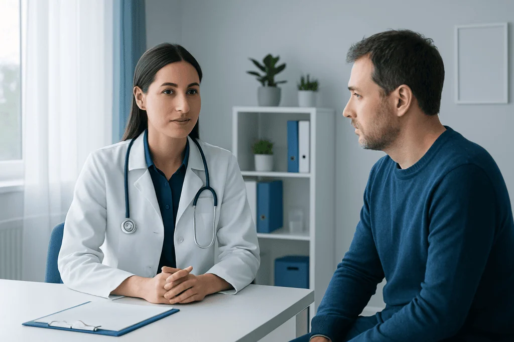 Doctor consulting with patient in a medical office setting.