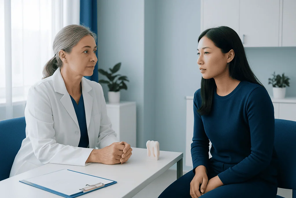 Dentist consulting with a patient about teeth removal recovery.