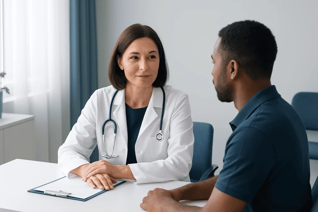 Doctor consulting with a patient in a medical office setting.