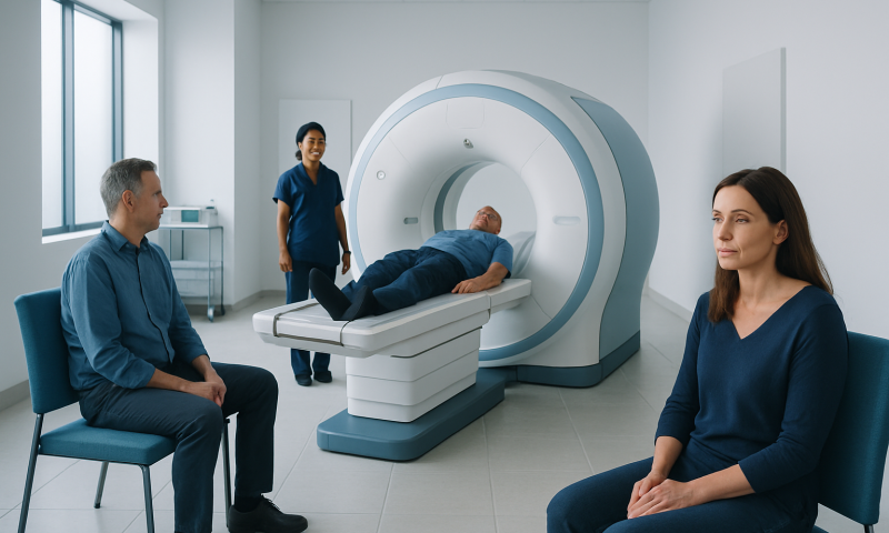 Patient undergoing MRI scan in a modern hospital setting with medical staff present.