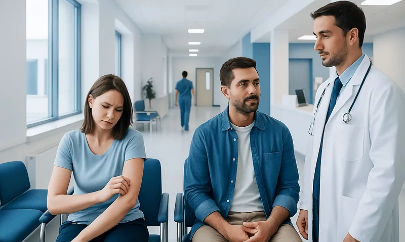 Doctor consulting with patients in a hospital waiting area.