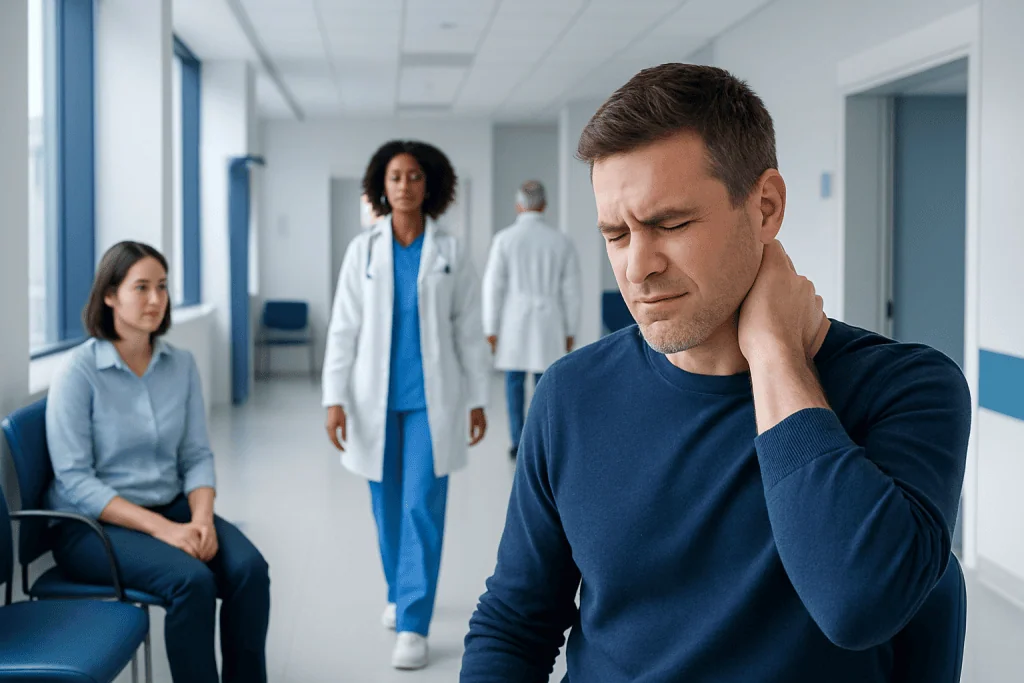 Neck and Shoulder Ache: Possible Causes and When to Seek Care 1 Man experiencing neck pain in a hospital corridor with medical staff nearby.