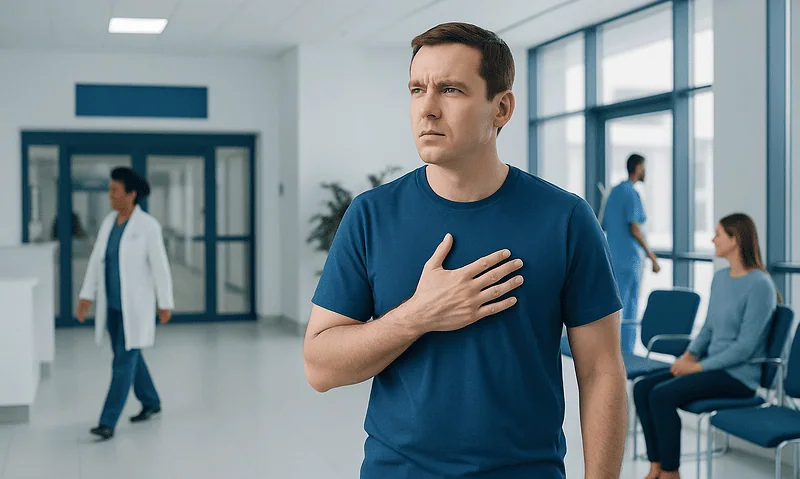 Man experiencing chest discomfort in hospital waiting area.