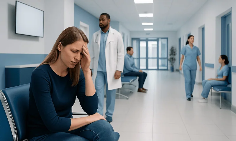 Woman with headache in hospital corridor with medical staff and patients.