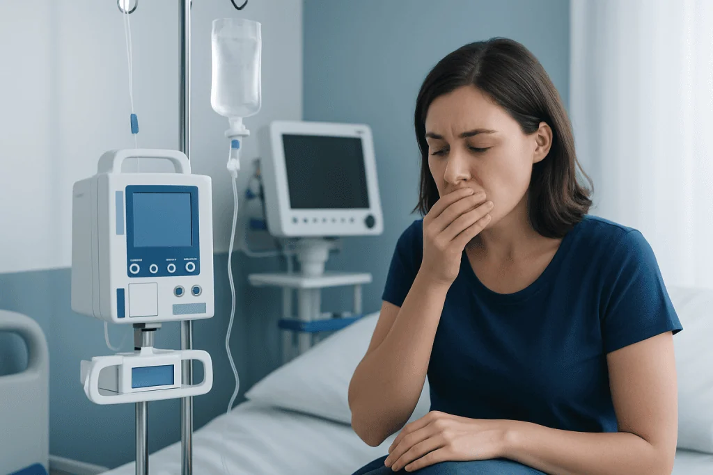 Woman feeling nauseous in hospital bed with medical equipment nearby.