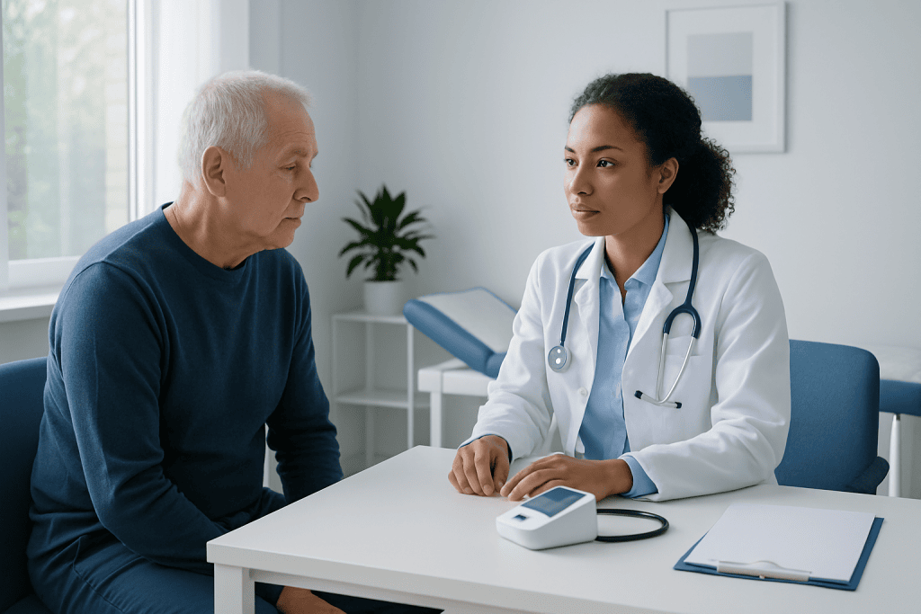 Doctor consulting with an elderly patient in a modern clinic setting.