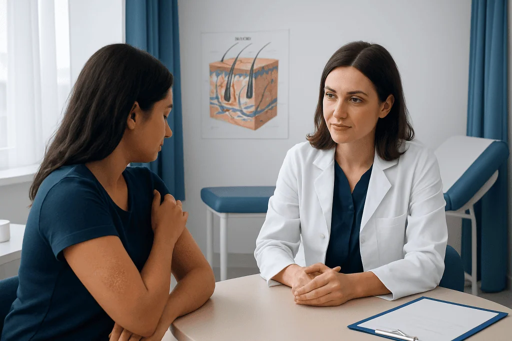 Doctor consulting a patient about skin issues in a clinical setting.