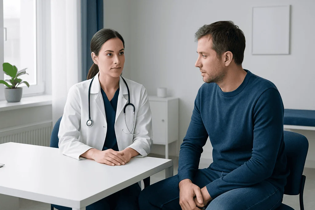 Doctor consulting male patient in a modern clinic setting.