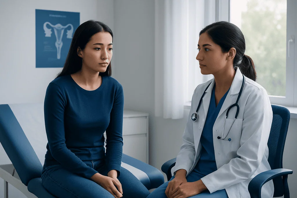 Doctor consulting with a young woman in a medical office.