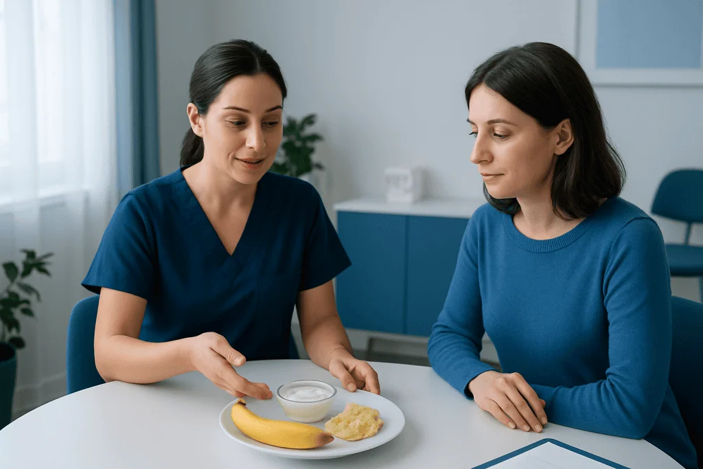 Dentist advising patient on soft foods after dental implant surgery.
