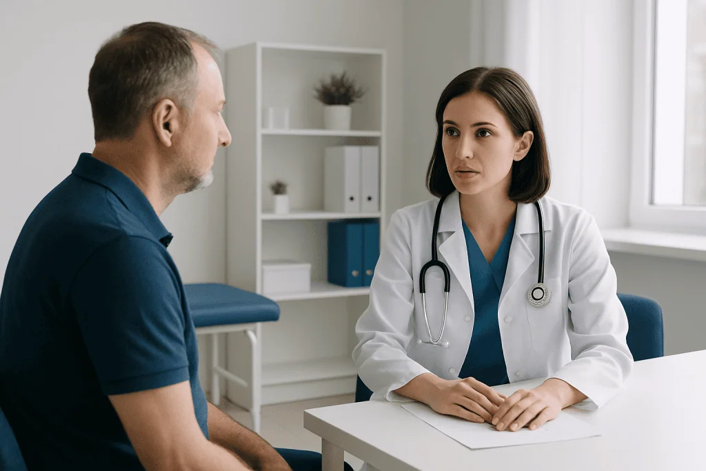 Doctor consulting with a male patient in a medical office setting.