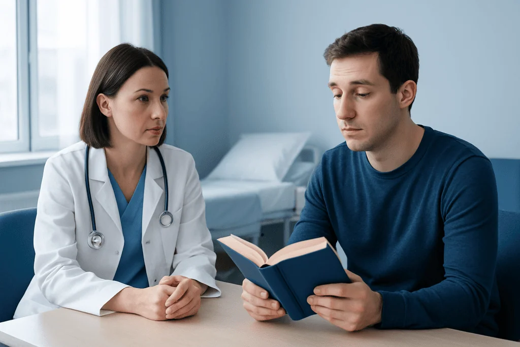 Doctor consulting with patient about sleep and reading habits in a hospital room.